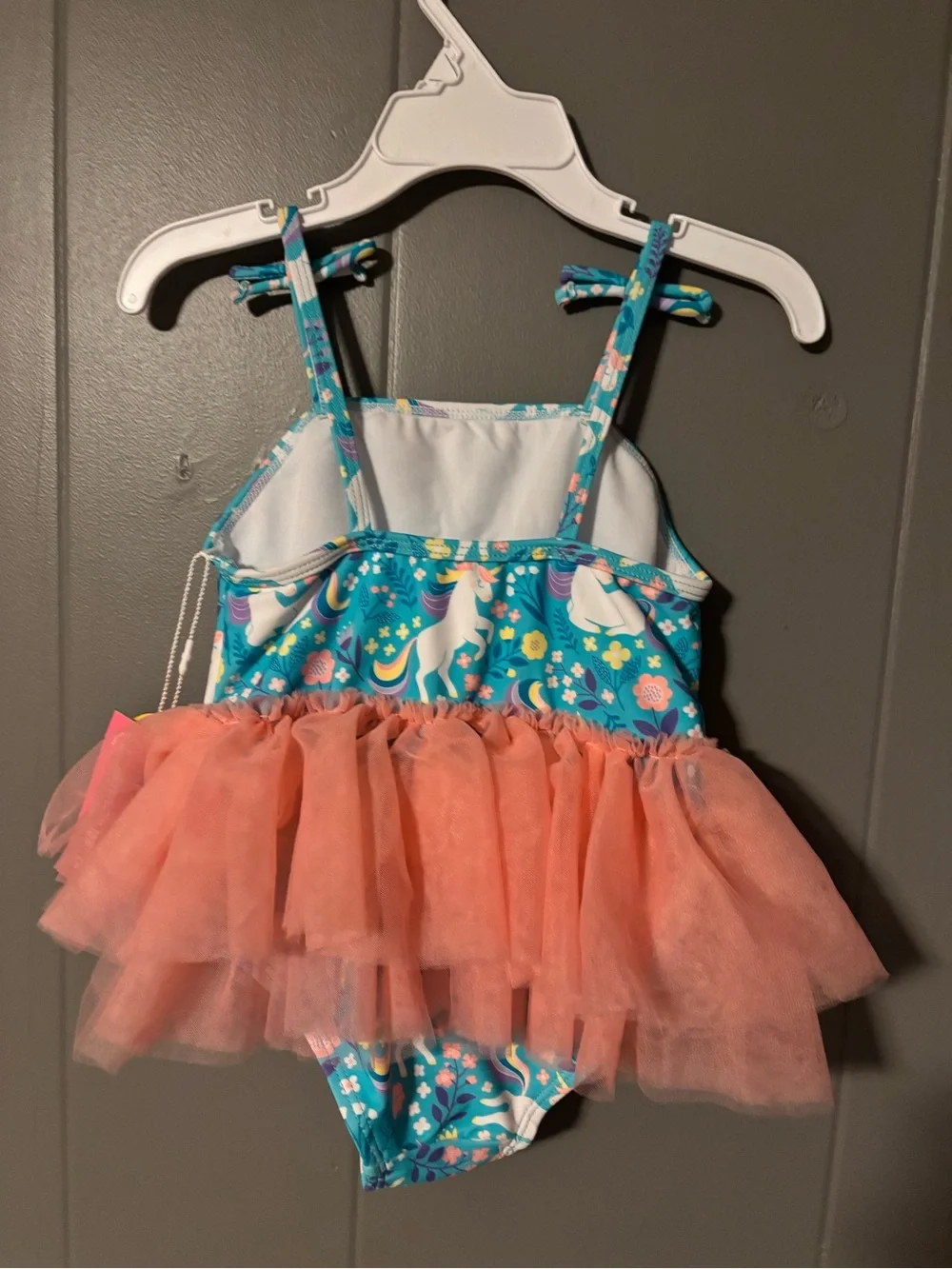 Ruffle Butts Teal Unicorn Tutu One-Piece Swimsuit with Coral Tulle